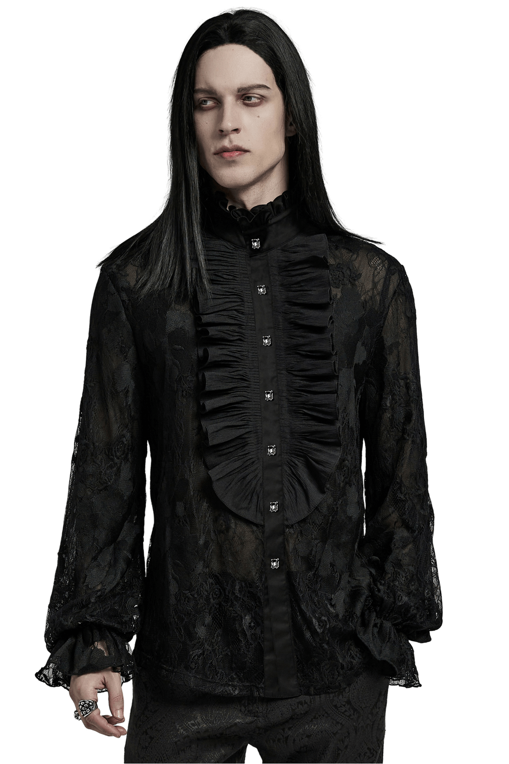 Goth men's black lace embroidered shirt with ruffled collar and lantern sleeves, perfect for a gothic style.