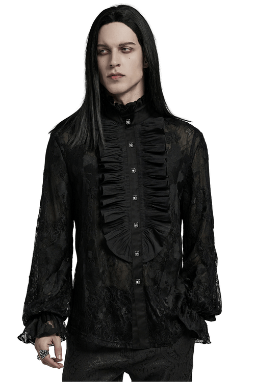 Schwarzes, mit Spitze besticktes Gothic-Hemd mit Rüschenkragen