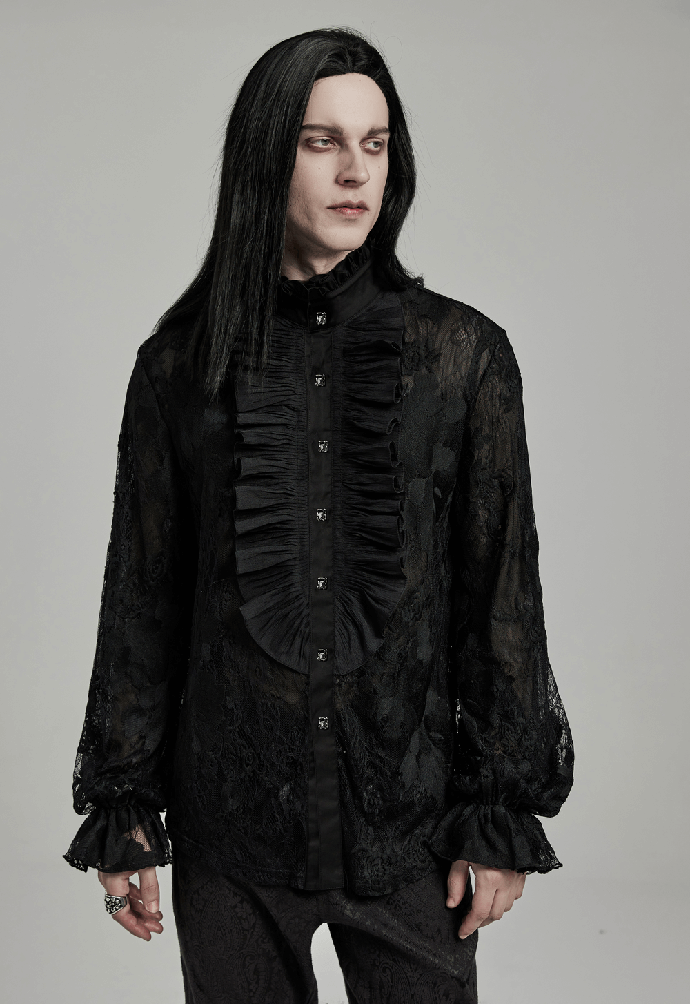 Goth men's black lace embroidered shirt with ruffled collar and lantern sleeves, perfect for a chic gothic look.