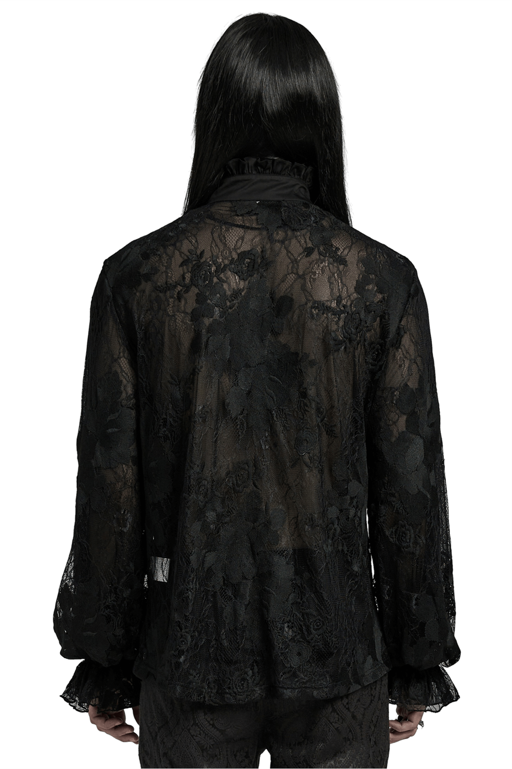 Back view of a black lace embroidered gothic shirt with ruffled collar and lantern sleeves.