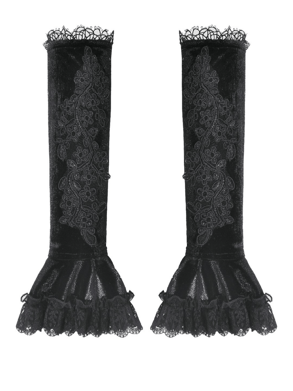 Black Lace Gothic Arm Warmers with Ruffles and Floral Design, elegant lace cuffs for gothic fashion.