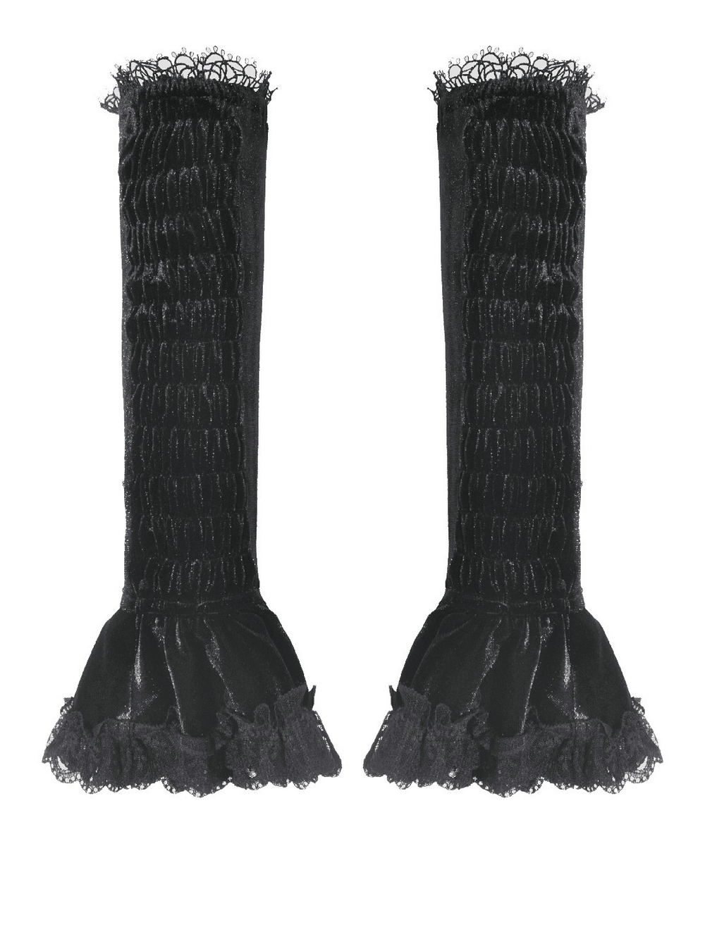 Black Lace Gothic Arm Warmers with Ruffles and Floral Design, showcasing elegant lace ruffles and intricate floral patterns.
