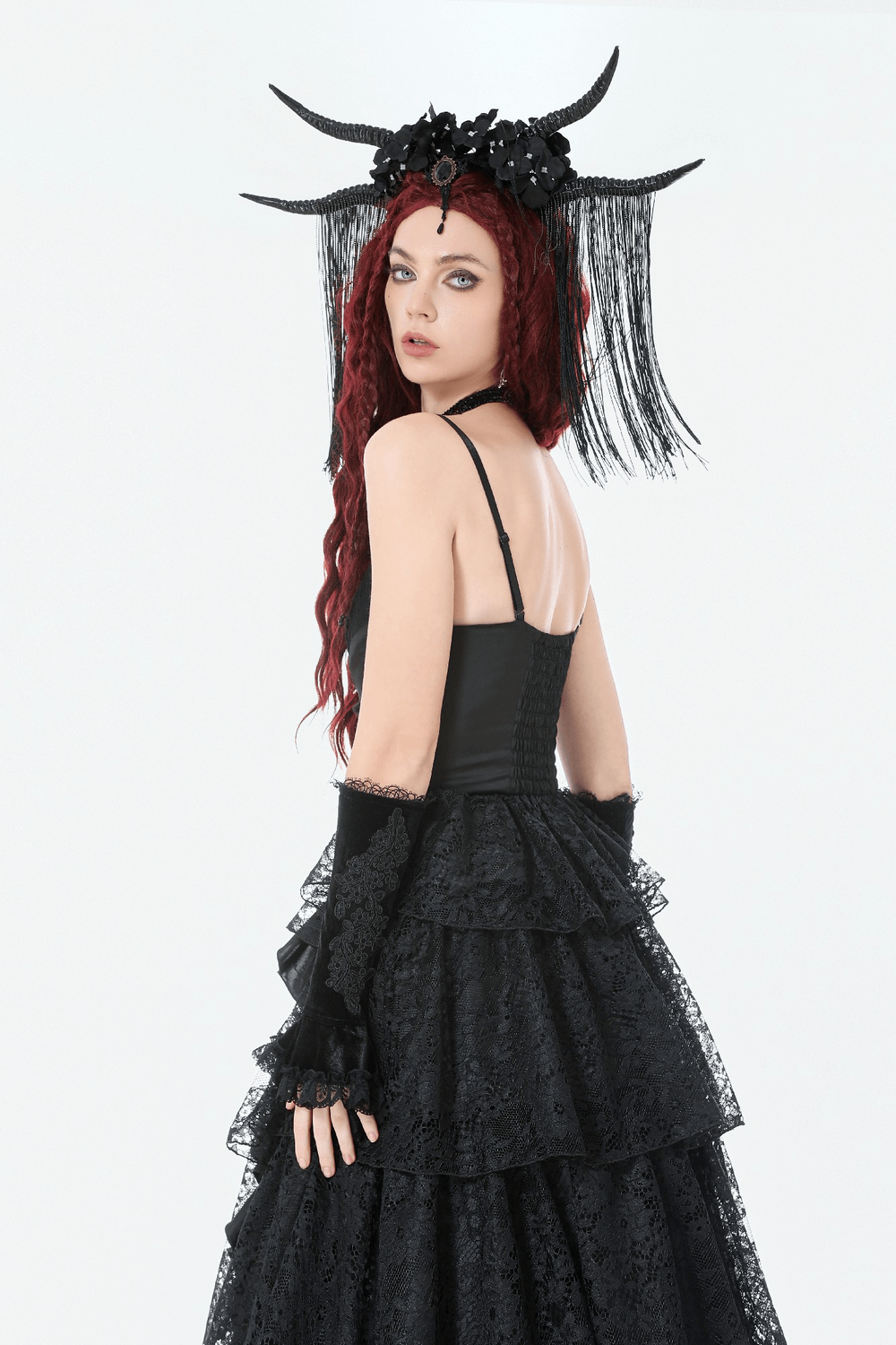 white christmas dresses Black Lace Gothic Arm Warmers with Ruffles and Floral Design