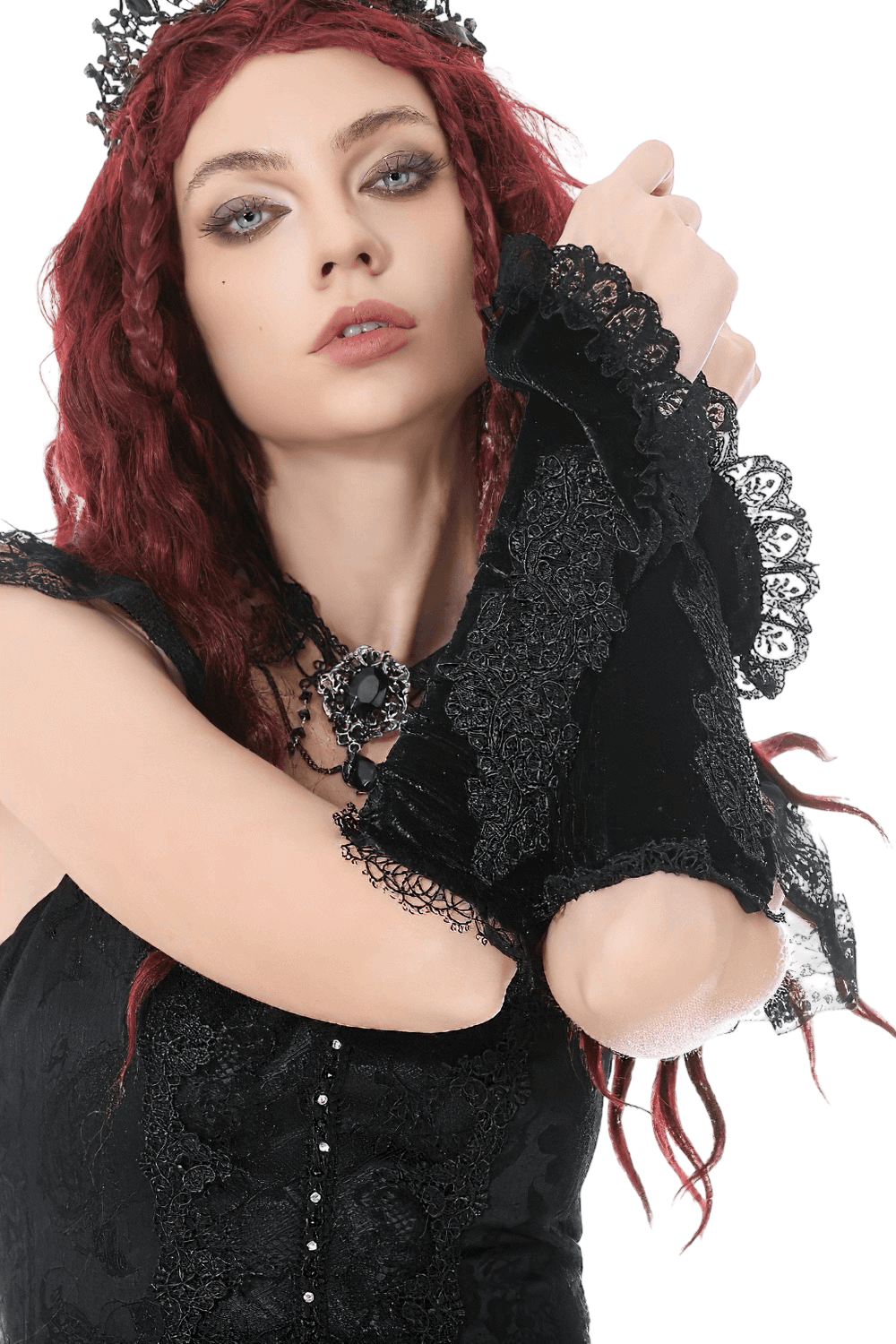 Black Lace Gothic Arm Warmers with Ruffles and Floral Design worn by a model with red hair in gothic style.