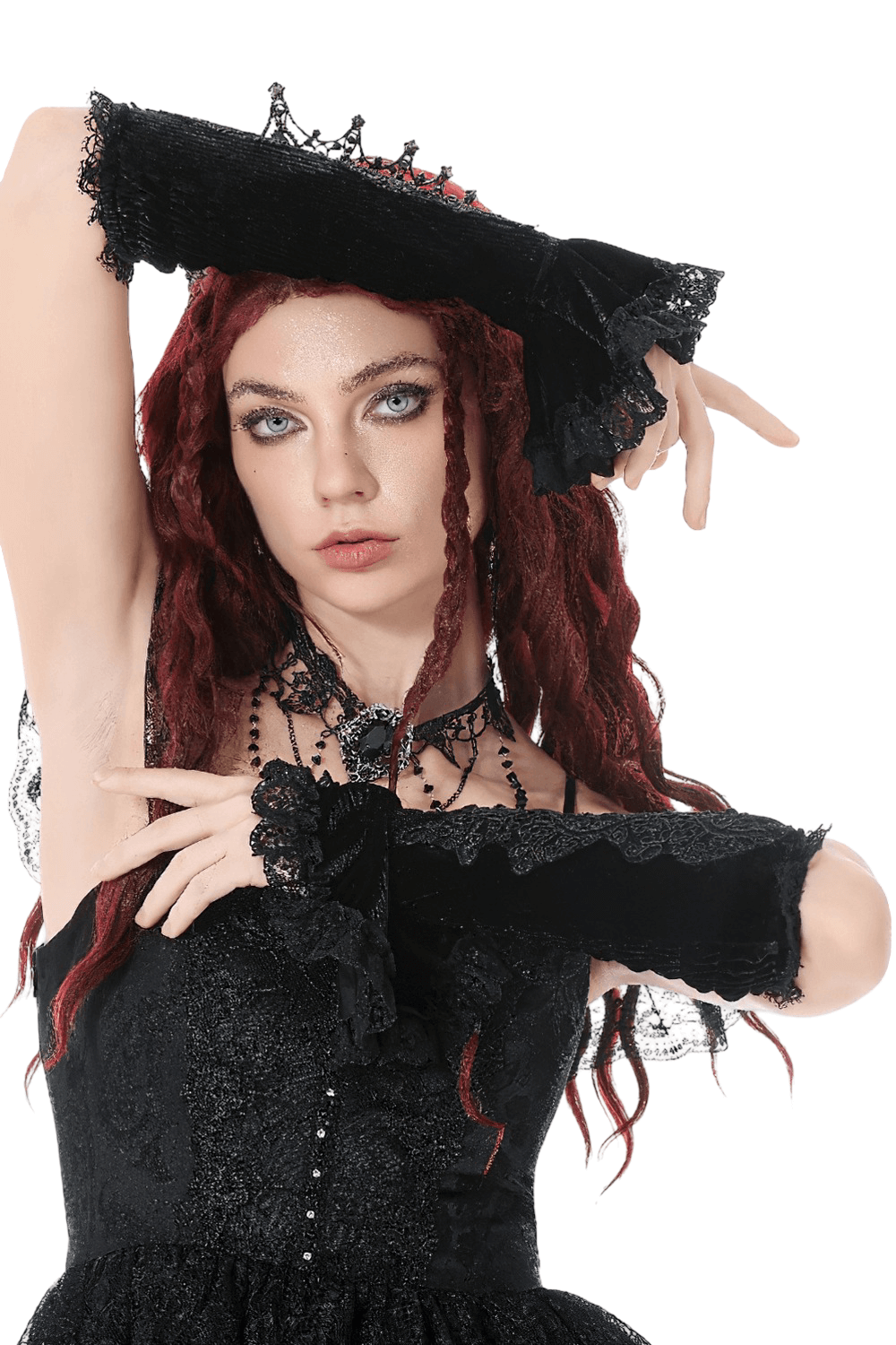 Black Lace Gothic Arm Warmers with Ruffles and Floral Design worn by a model with dramatic styling.