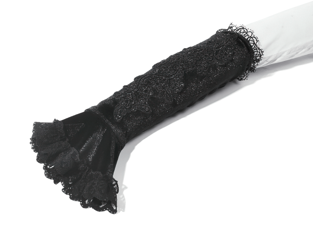 Black Lace Gothic Arm Warmers with Ruffles and Floral Design featuring intricate lace and velvet texture.