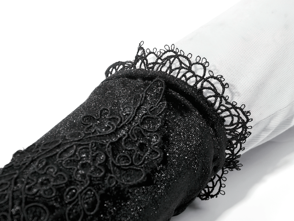 Black Lace Gothic Arm Warmers with Ruffles and Floral Design showcasing intricate lace details and ruffled cuffs.