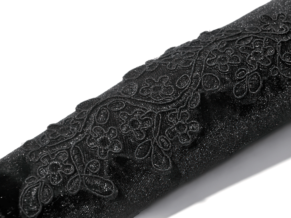 Black Lace Gothic Arm Warmers with Ruffles and Floral Design showcasing intricate floral embroidery.