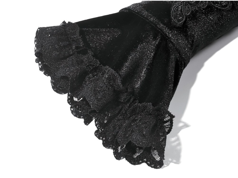 Black Lace Gothic Arm Warmers with Ruffles and Floral Design showing intricate lace ruffles on velvet.