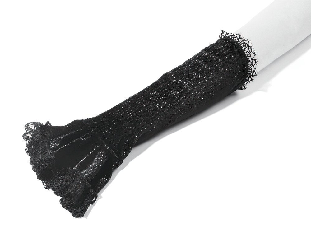 Black Lace Gothic Arm Warmers with Ruffles and Floral Design on a white background, showcasing lace detailing and ruffled cuffs.