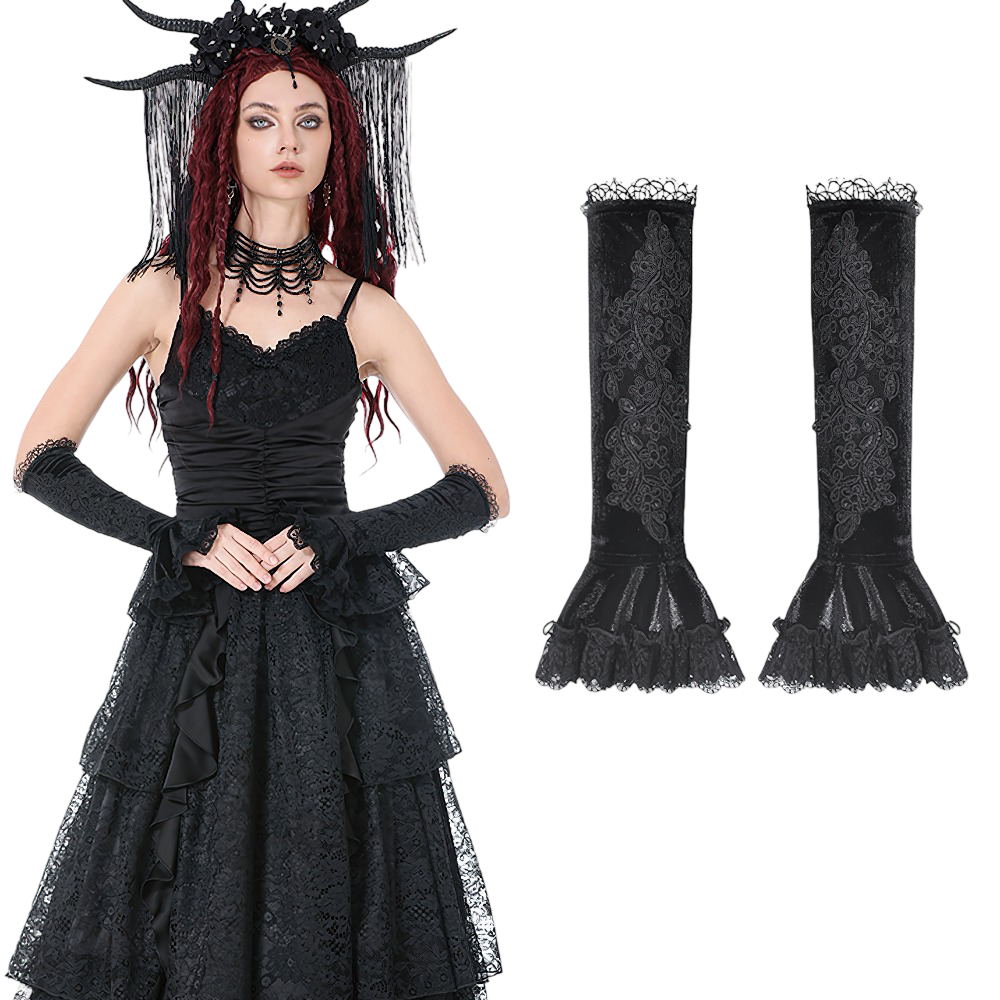 Black Lace Gothic Arm Warmers with Ruffles and Floral Design worn by model in gothic outfit with dramatic accessories.