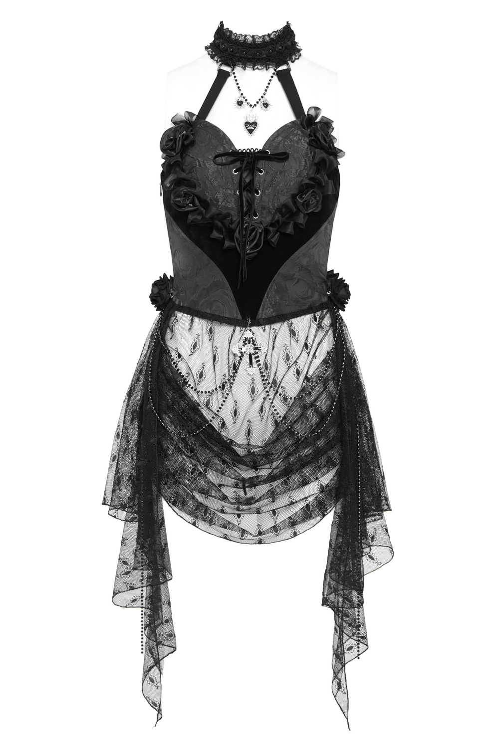 Elegant black lace gothic halterneck top featuring roses, chains, and layered draped skirt for a bold fashion statement.