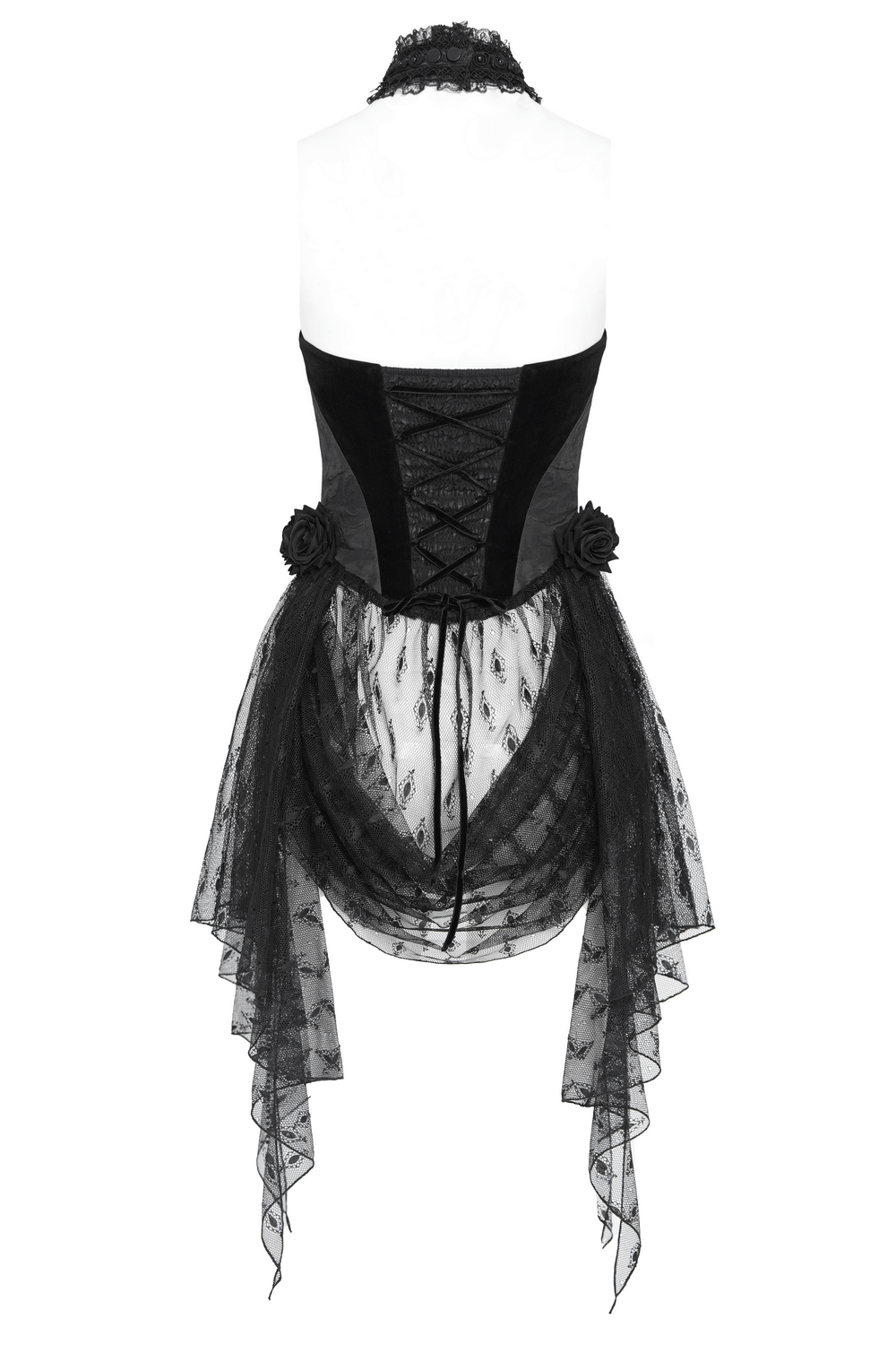 Elegant black lace gothic halterneck top with roses and chains, perfect for edgy fashion enthusiasts.