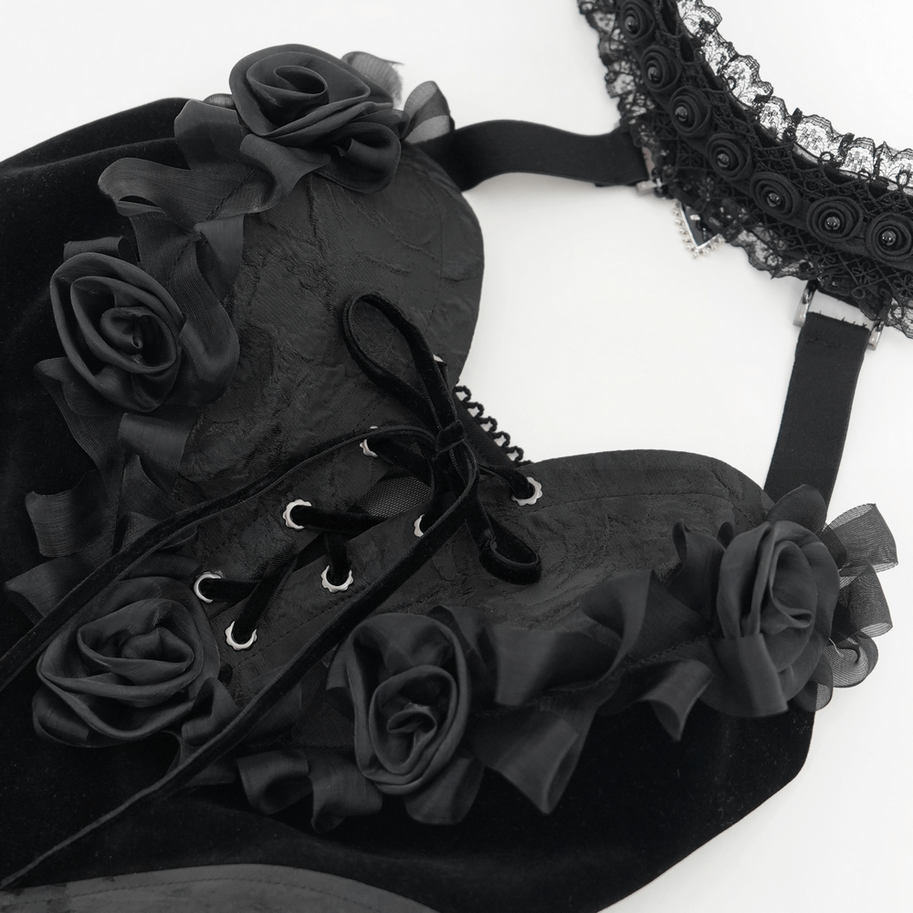 Elegant black lace top with roses, lace detailing, and chains for a gothic-inspired fashion statement.