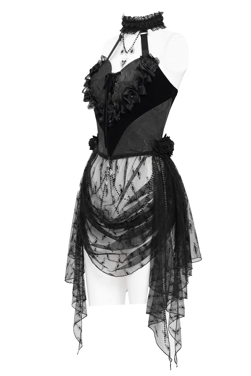 Black lace gothic halterneck top with roses and chains, featuring layered skirt and intricate detailing.