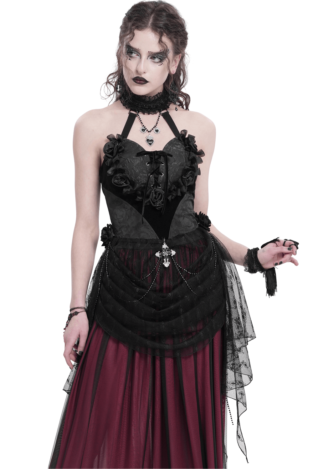 Elegant black lace gothic halterneck top with lace roses and chains for a bold, edgy fashion statement.
