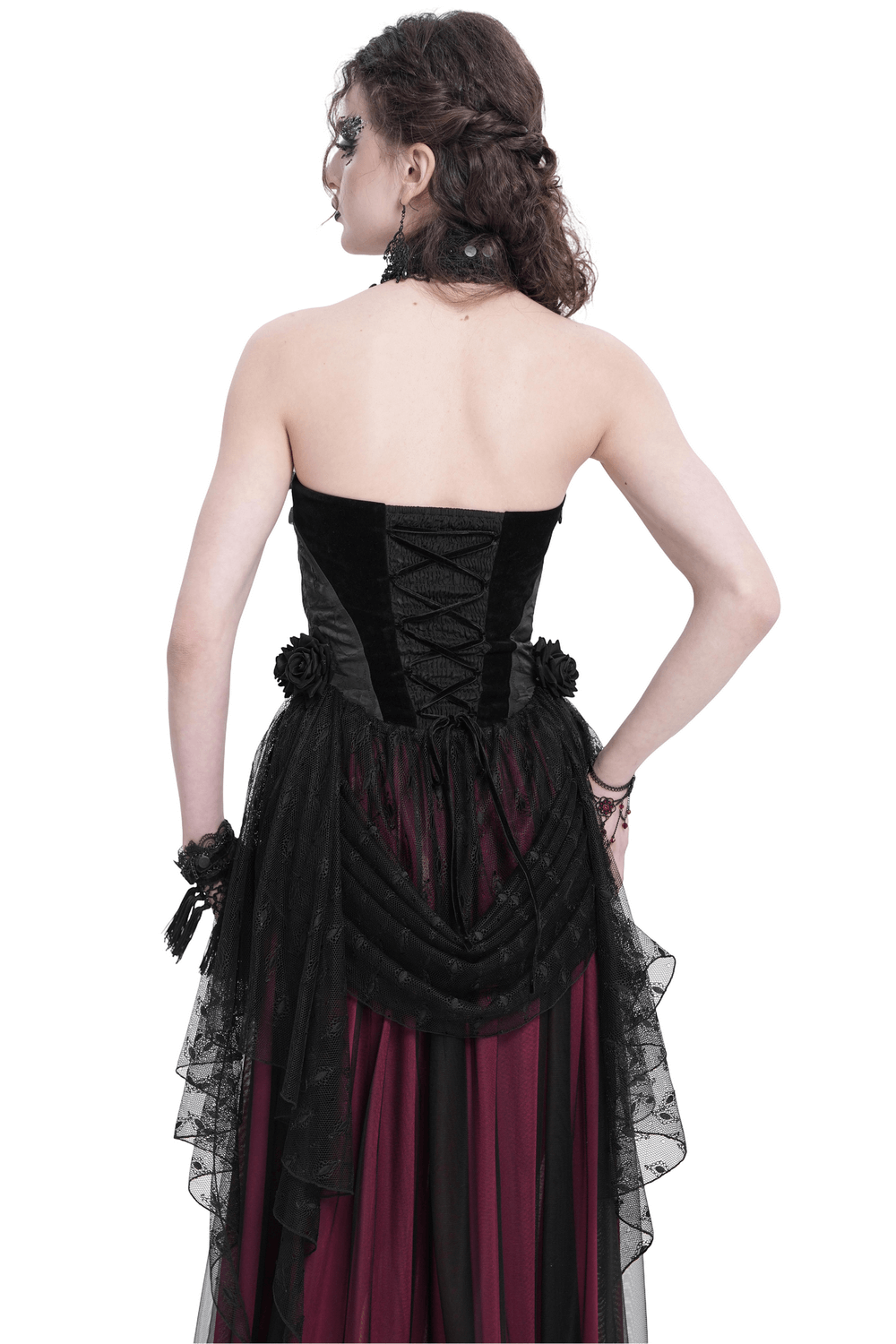 Back view of elegant black lace gothic halterneck top with roses and chains, showcasing intricate lace and velvet details.
