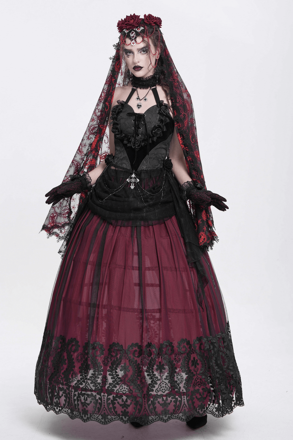 Elegant black lace gothic dress with roses, chains, and layered skirt perfect for gothic fashion enthusiasts.