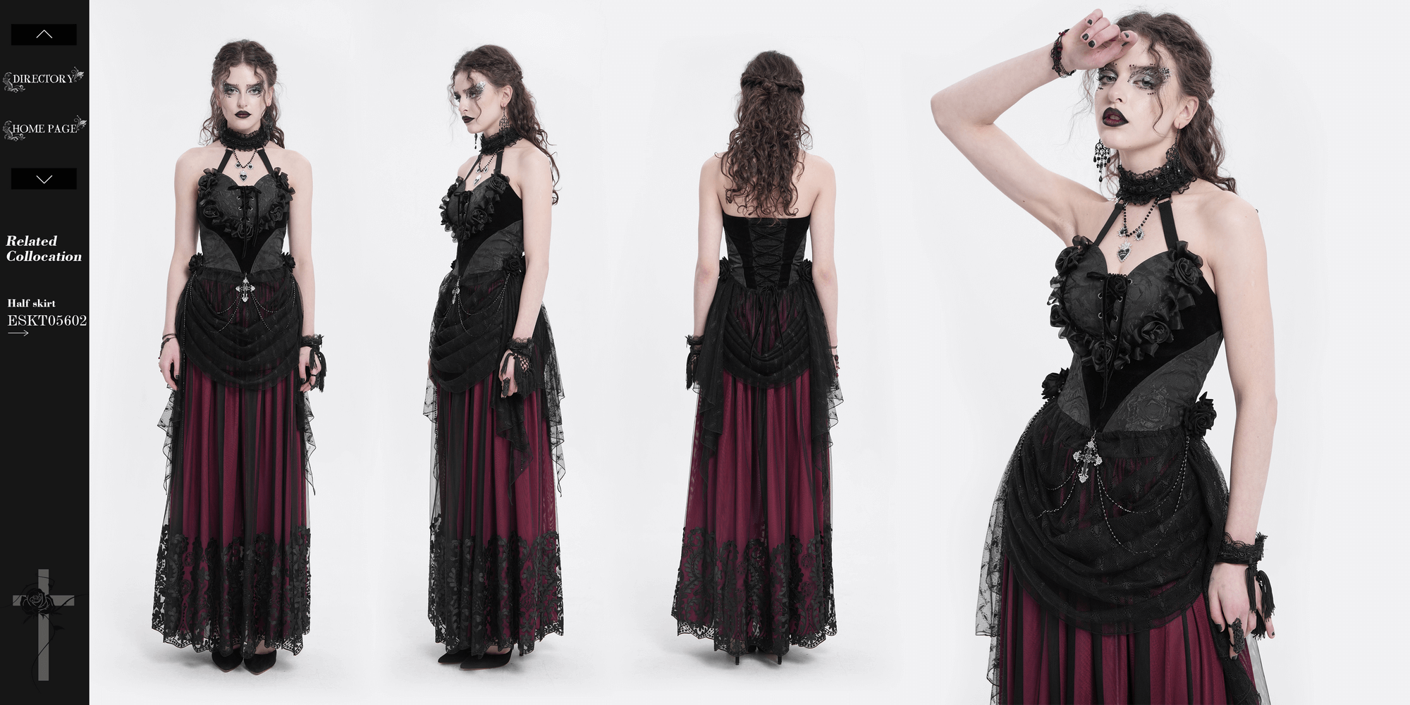 Elegant black lace gothic halterneck top with roses and chains, perfect for bold gothic fashion lovers.