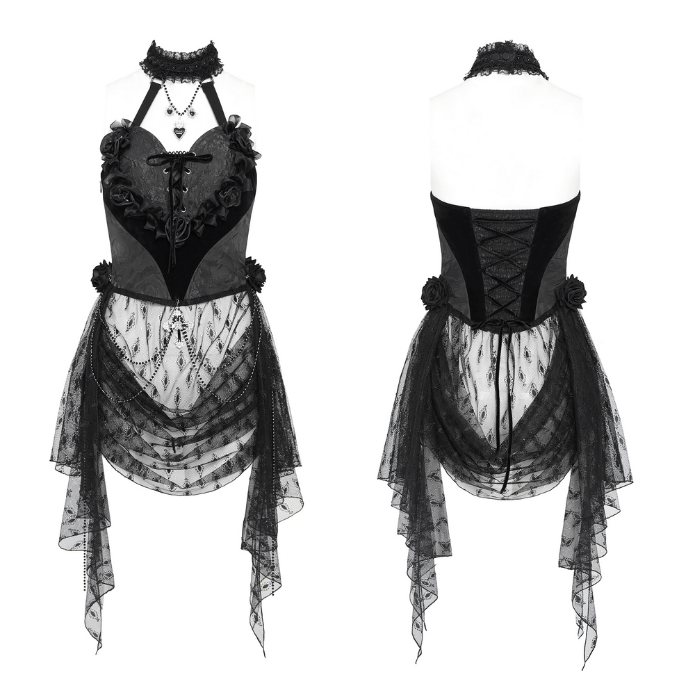 Elegant black lace gothic halterneck top featuring roses, chains, and layered skirt, perfect for edgy fashion lovers.