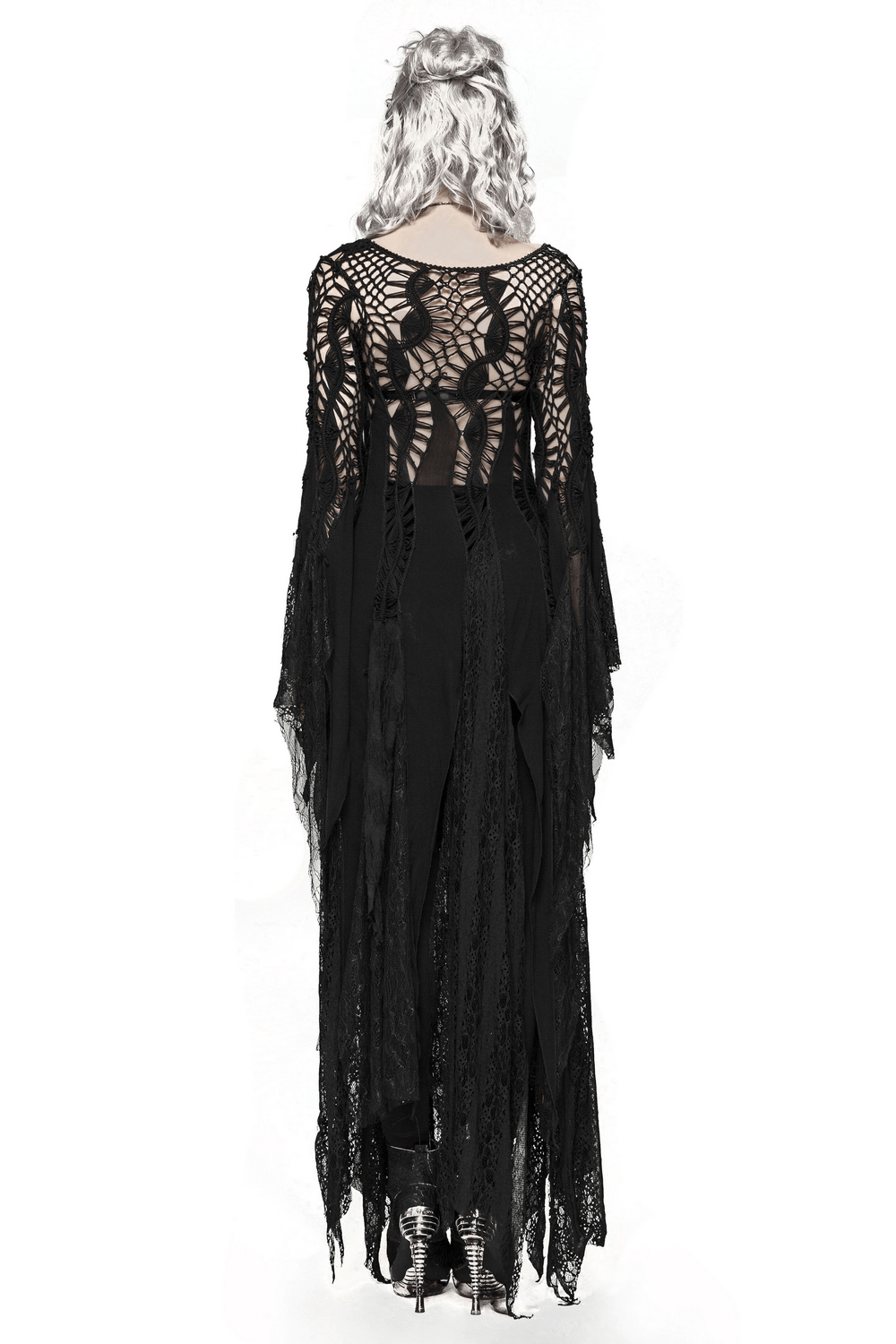 Back view of a black lace gothic long-sleeved witch maxi dress with dramatic asymmetric hem and flowing sleeves.