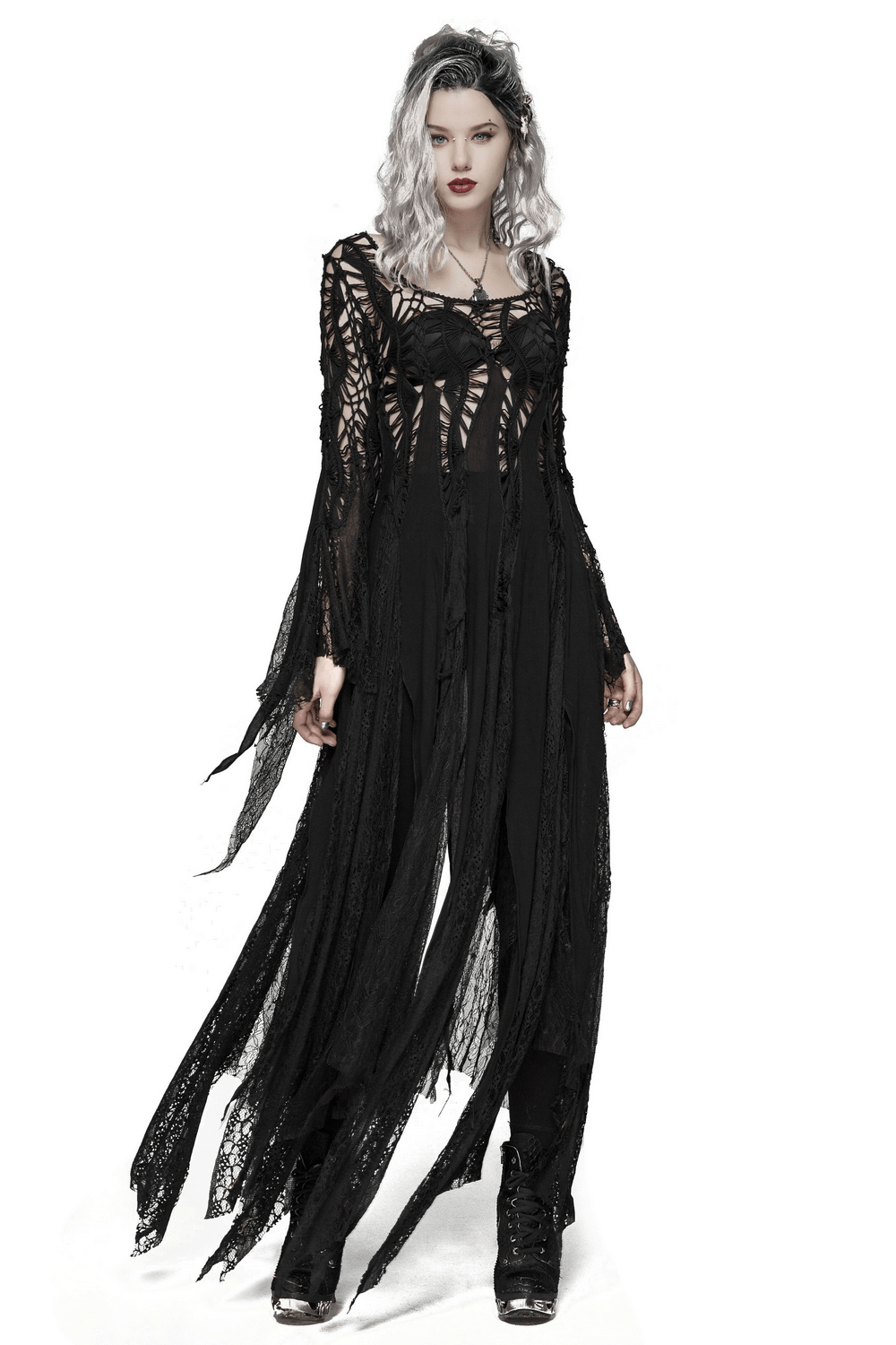 Gothic black lace long-sleeved maxi dress with asymmetric hem and flowing sleeves.