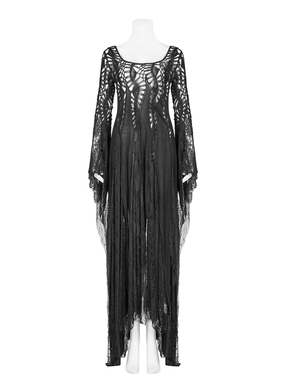 Black lace gothic long-sleeved dress with asymmetric hem and flowing sleeves, perfect for bold gothic fashion statements.