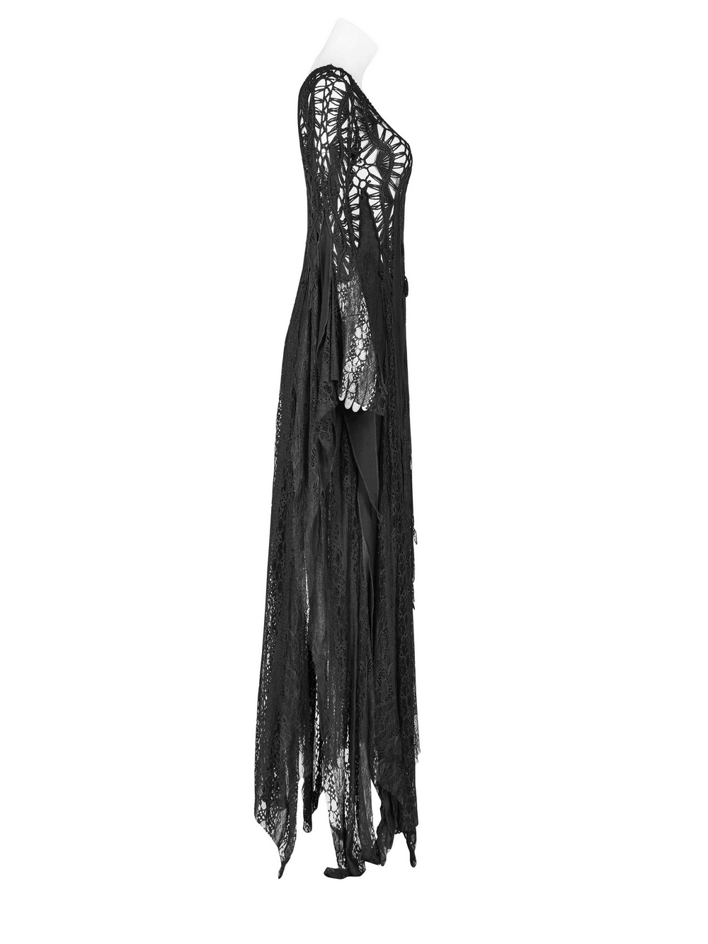 Elegant black lace gothic maxi dress with asymmetric hem and long flowing sleeves, perfect for a dramatic style.