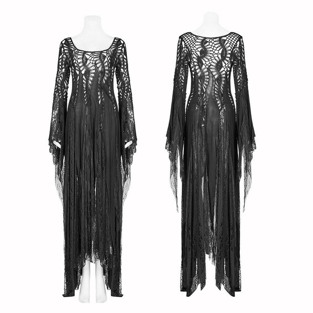 Elegant black lace gothic dress with long sleeves and asymmetric hem, perfect for a bold and dramatic look.