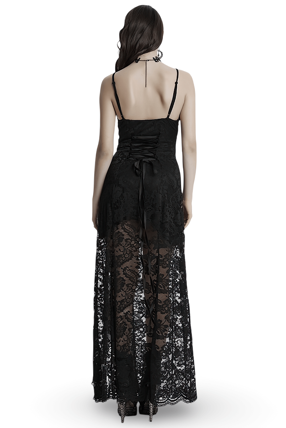 Back view of black lace gothic maxi dress with corset back and high slit, showcasing elegant lace detailing.