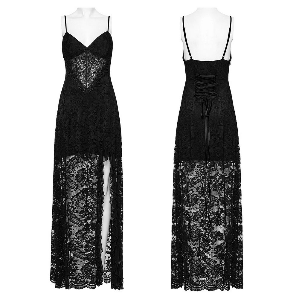 Black lace gothic maxi dress with high slit and corset back, featuring a deep V-neck and delicate lace detail.