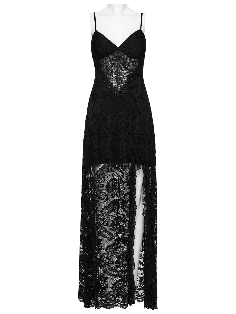 Black lace gothic maxi dress with deep V-neck and high slit, showcasing elegance and allure.