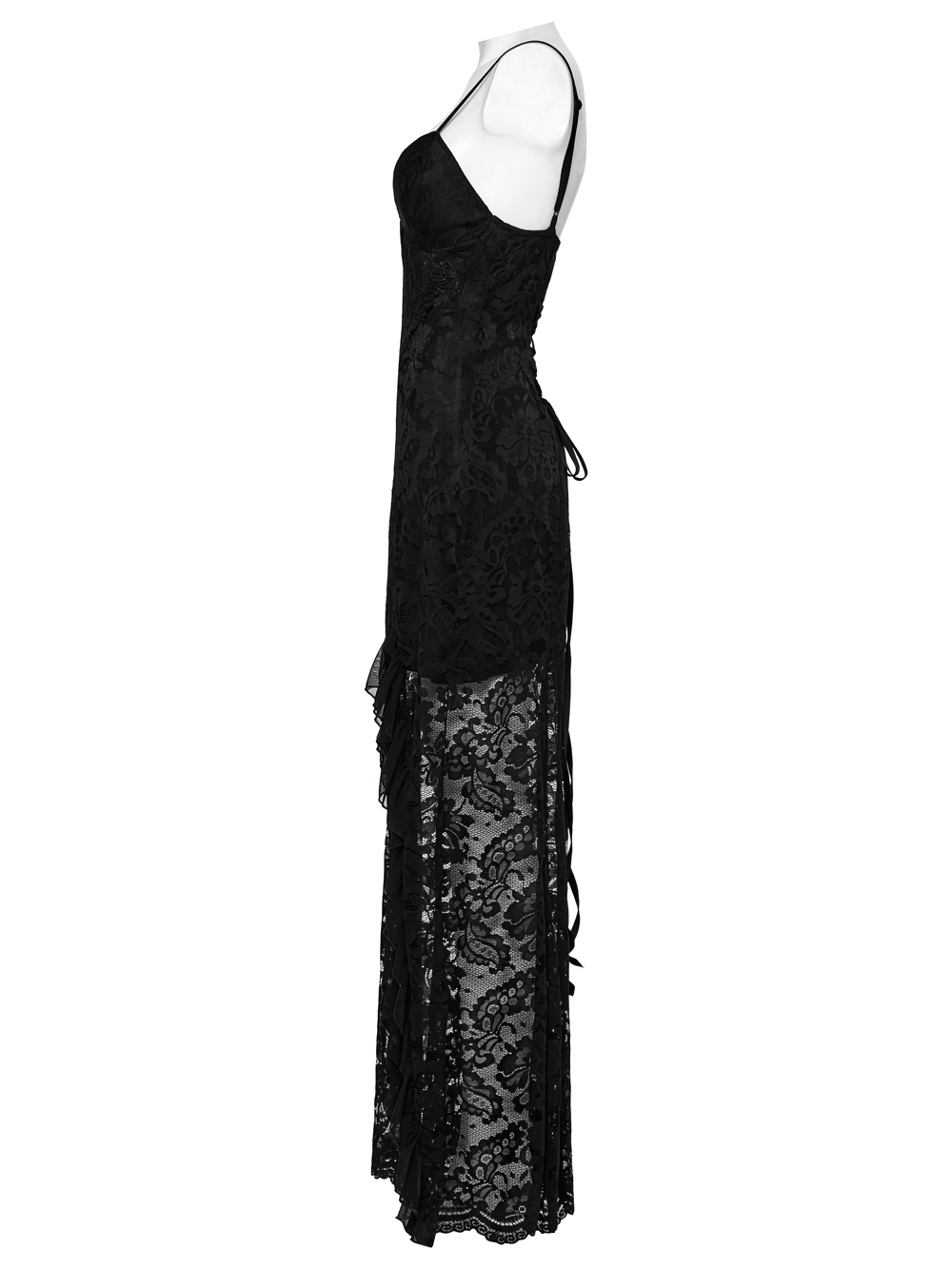 Black lace gothic maxi dress with high slit and corset back displayed on a mannequin.