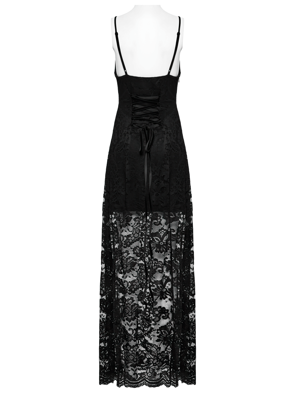 Back view of a black lace gothic maxi dress with corset detail and high slit, showcasing its elegant design.