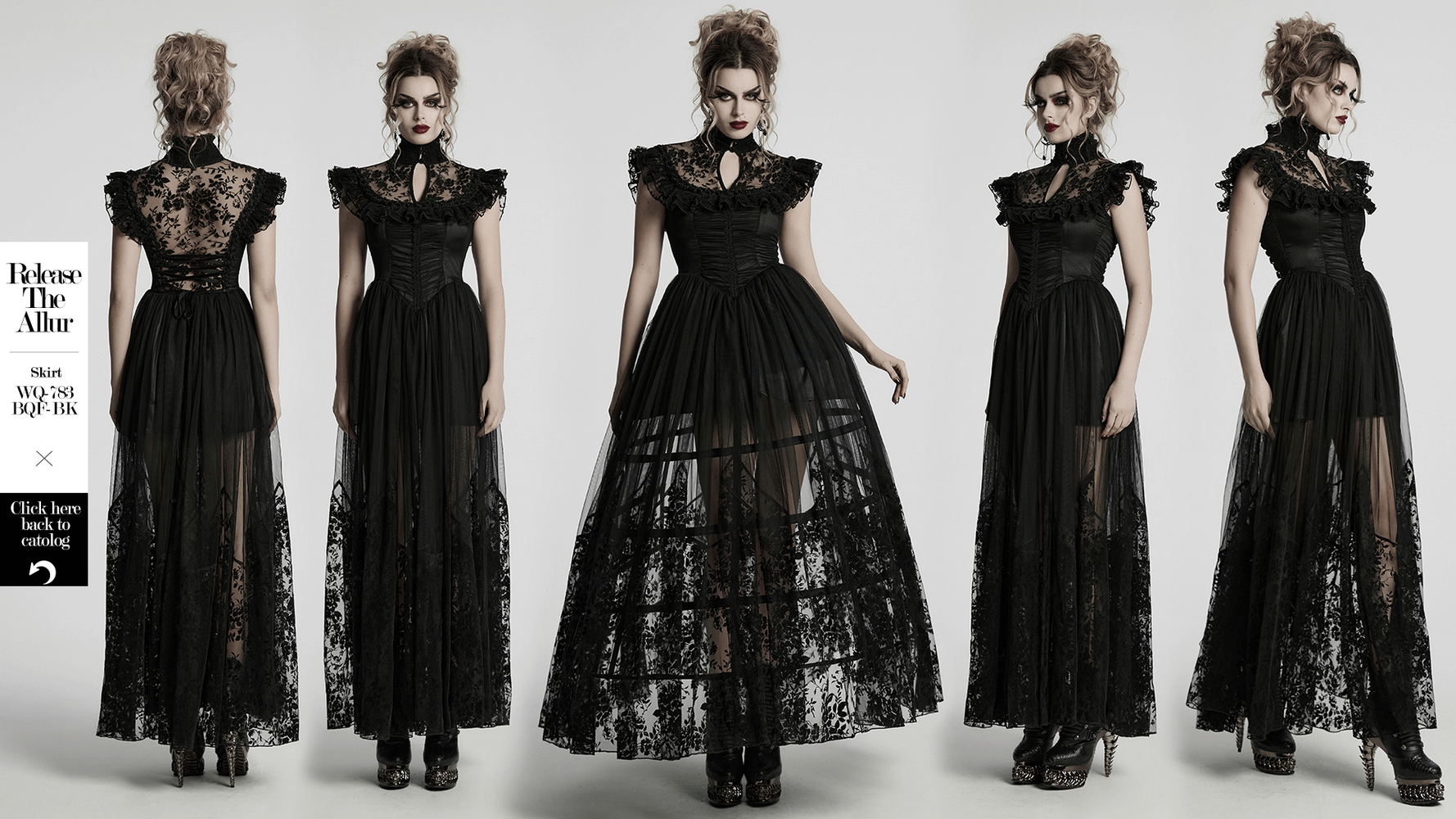 Black lace gothic mesh dress with ruffle sleeves, high neck, sheer overlay, and corset-style waist for elegant gothic events.