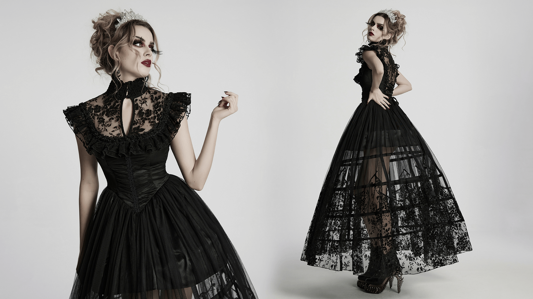 Black lace gothic mesh dress with ruffle sleeves, sheer floral overlay, and flowing skirt for a mystical look.