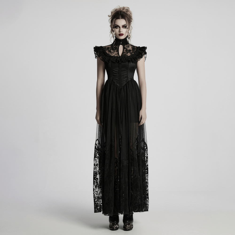 Victorian black lace gothic dress with ruffle sleeves and corset waist, perfect for gothic events and witchy soirées.