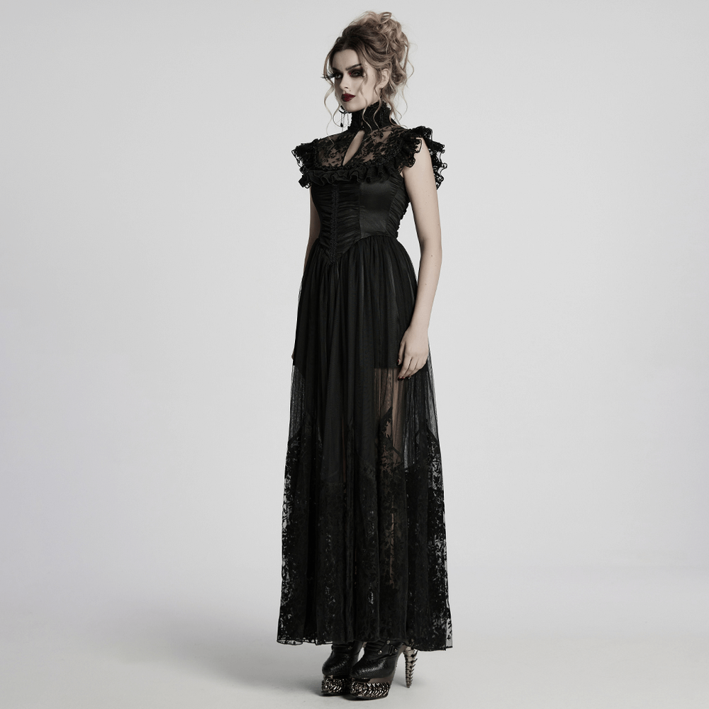 Elegant black lace gothic dress with ruffled sleeves and layered skirt, perfect for Victorian-themed events and witchy soirées.