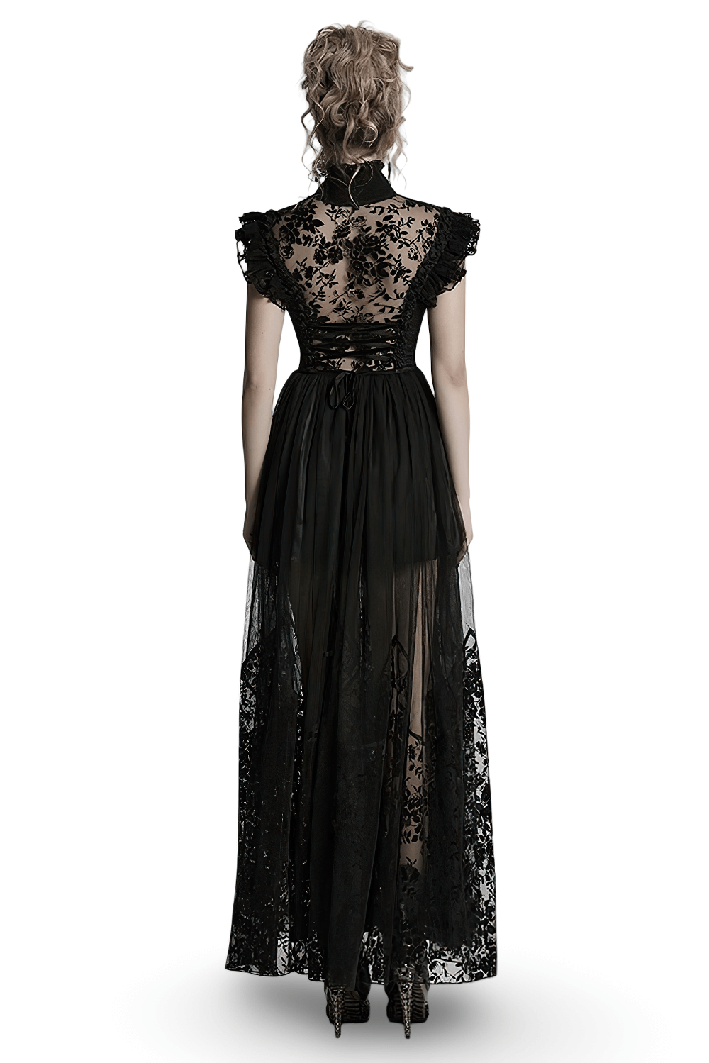 Back view of a black lace gothic dress with ruffle sleeves, featuring a corset waist and flowing lace skirt, perfect for gothic events.