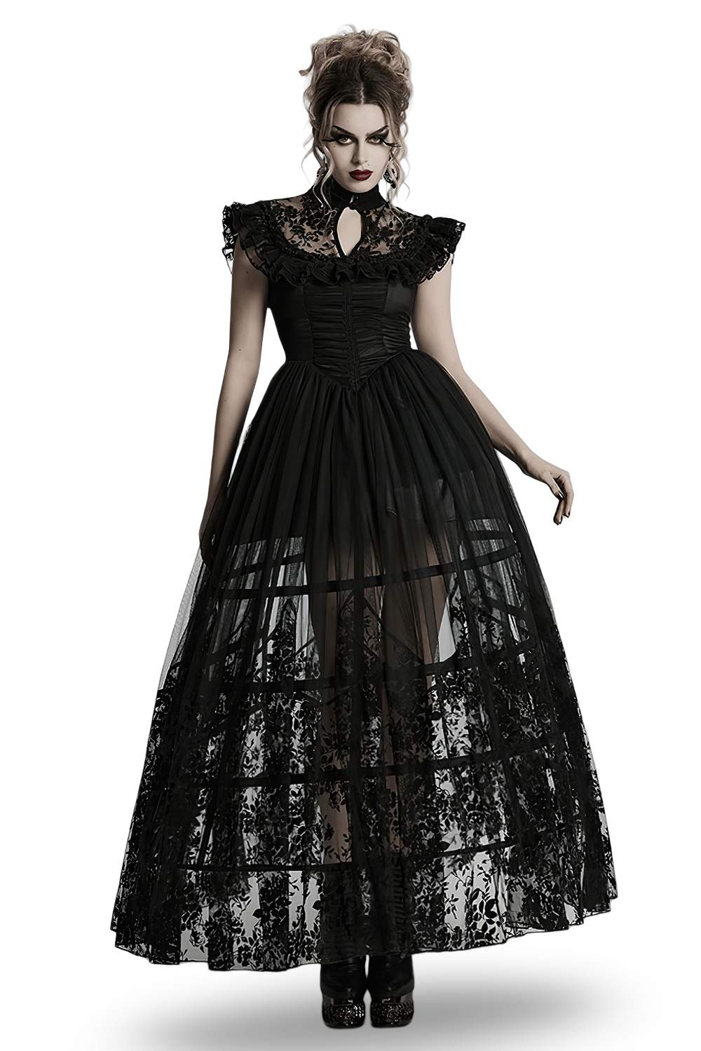 Black lace gothic mesh dress with ruffle sleeves, high neck, corset waist, and flowing lace skirt for mystical elegance.