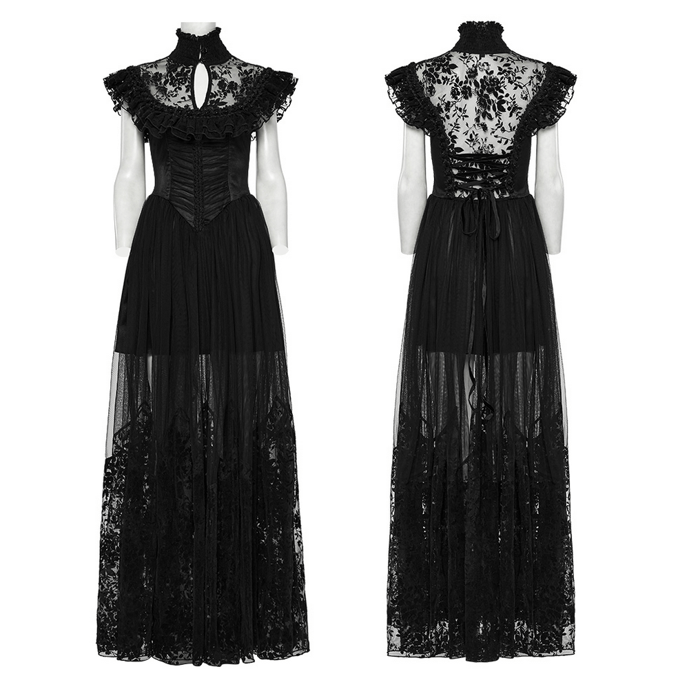 Elegant black lace gothic dress with ruffle sleeves, sheer floral overlay, and corset-style waist, perfect for mystical occasions.