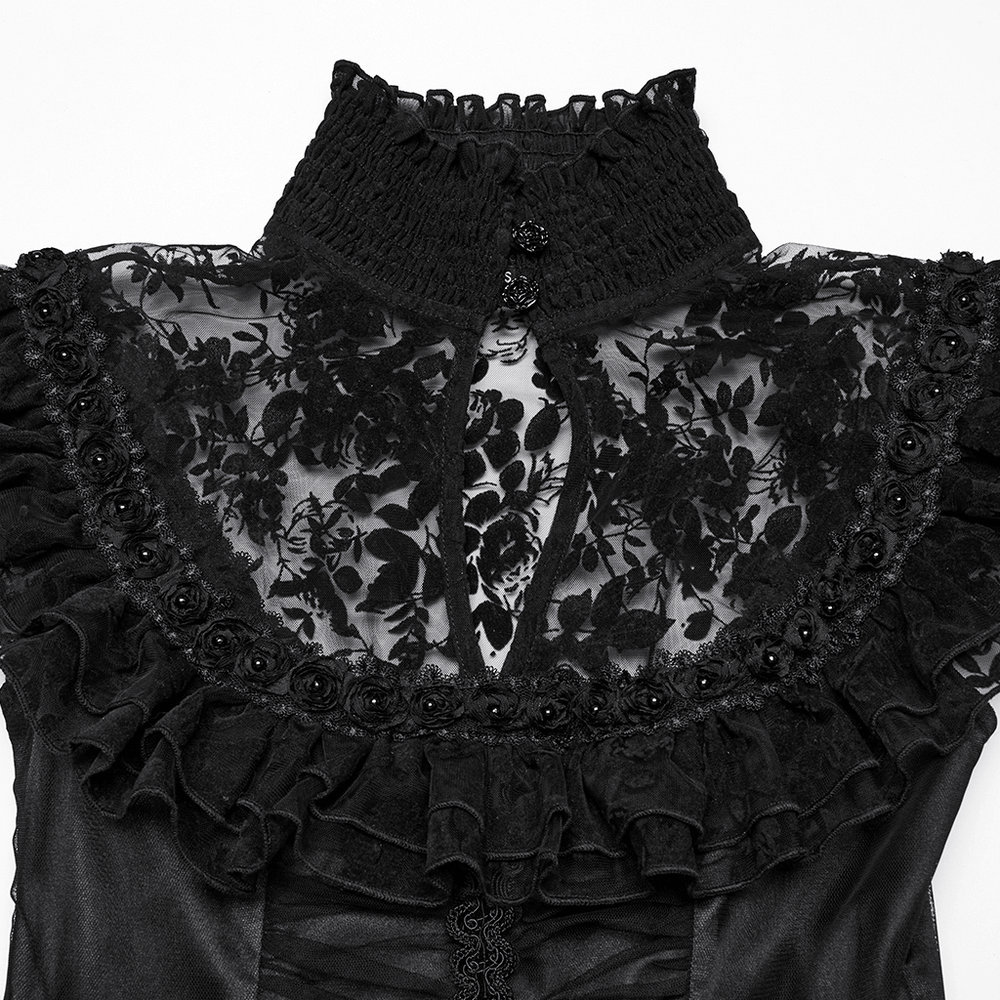 Close-up of the black lace gothic dress high neck with floral overlay and ruffled details, perfect for elegant gothic attire.
