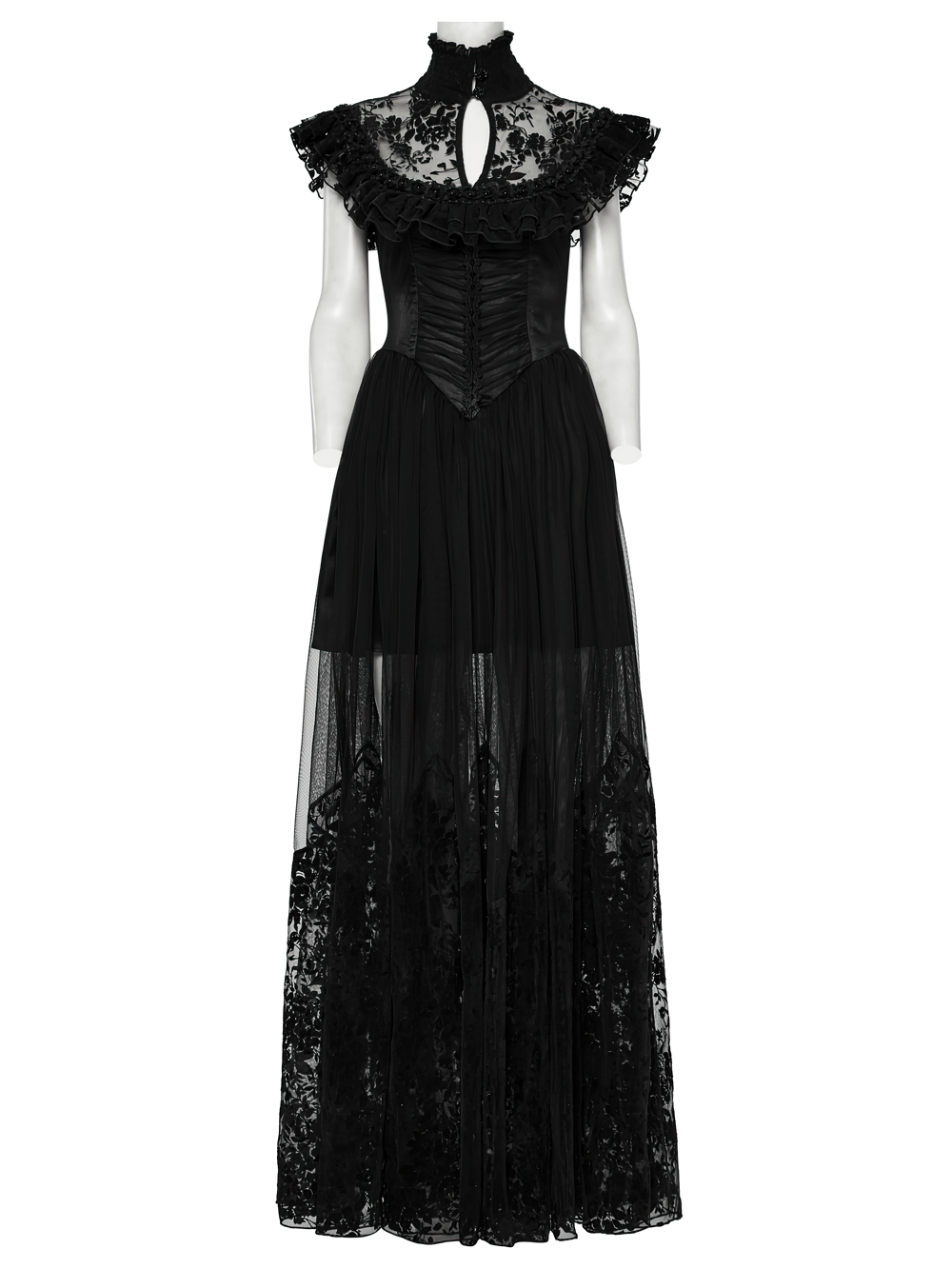 Elegant black lace gothic mesh dress with ruffle sleeves and corset waist, perfect for witchy soirées and gothic events.