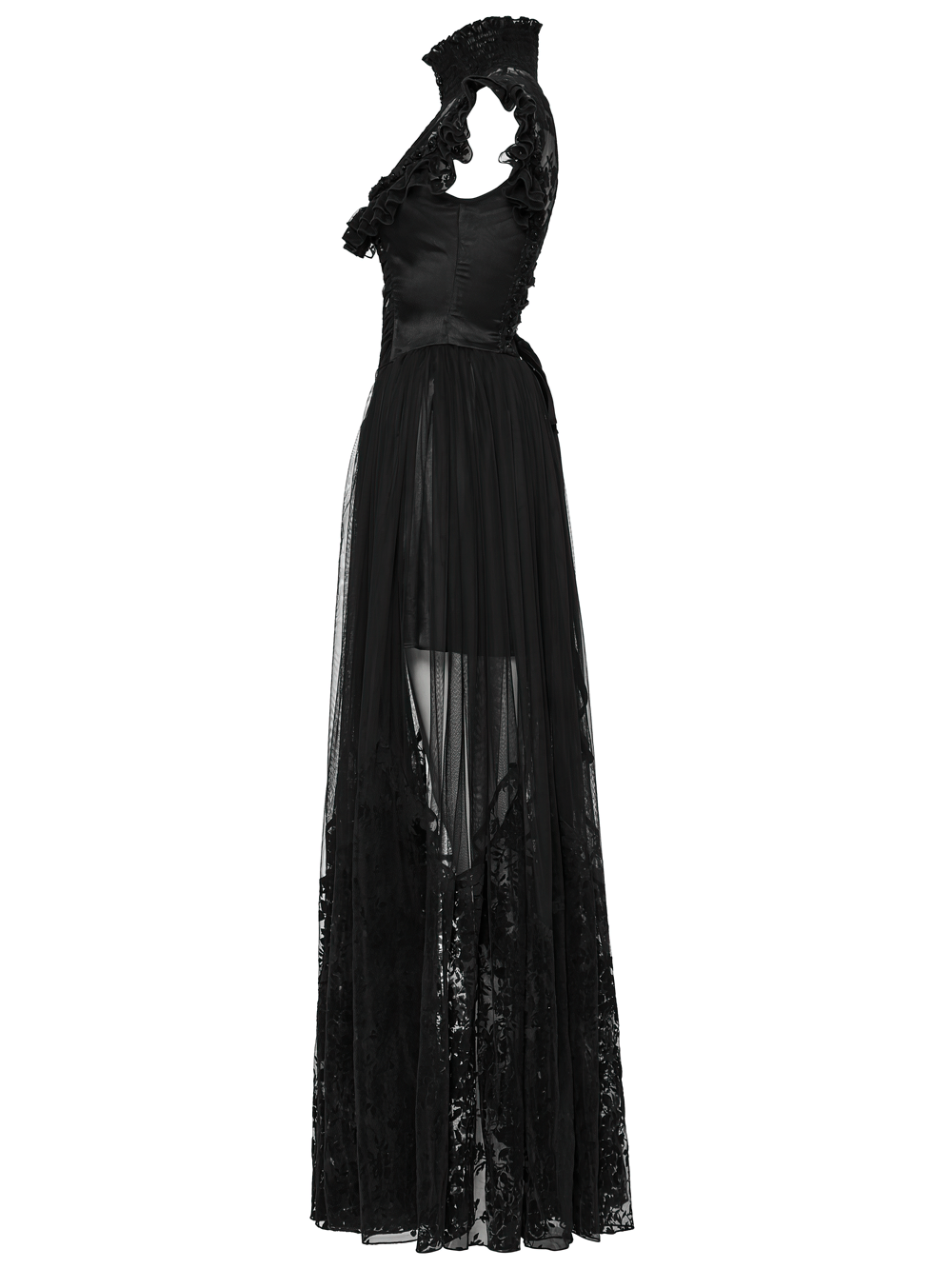 Black lace gothic dress with ruffle sleeves, high neck, and sheer overlay for elegant, witchy styles.