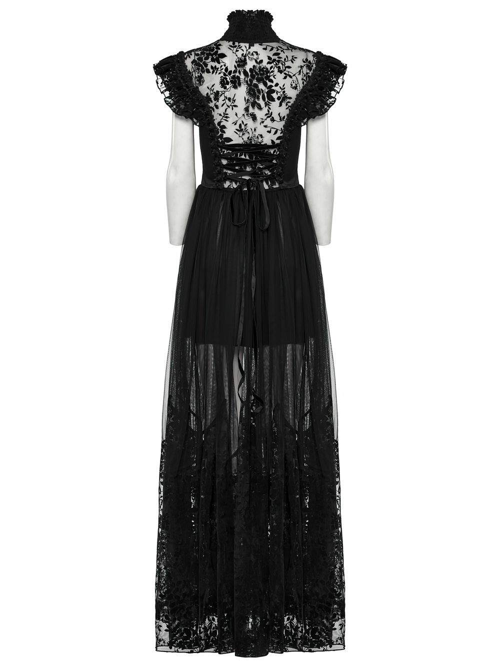 Black lace gothic dress with ruffle sleeves and sheer floral overlay, perfect for Victorian-inspired events.