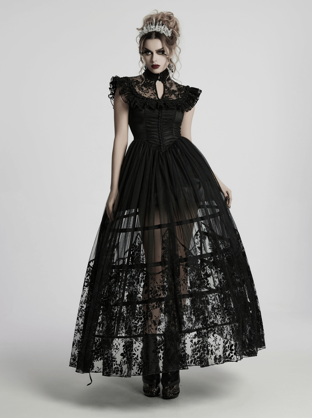 Black lace gothic dress with ruffle sleeves and sheer skirt for elegant witchy events.