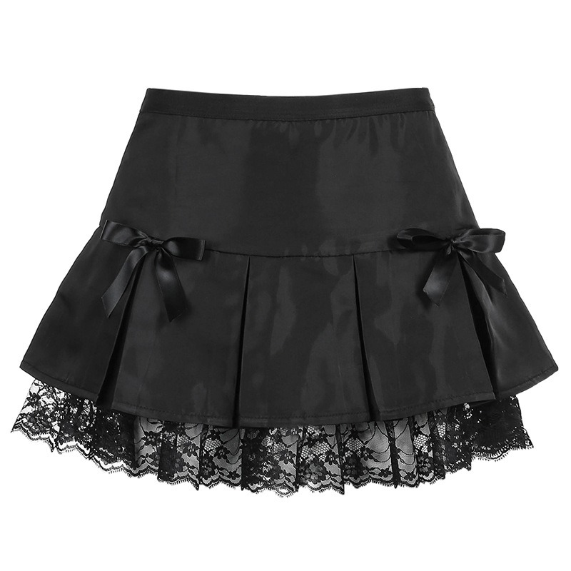 Black lace gothic mini skirt with pleats and bows, perfect for adding a stylish touch to any outfit.