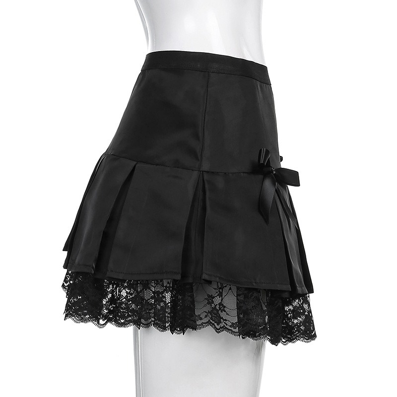 Black lace gothic mini skirt with pleats and bows, perfect for a trendy gothic look.