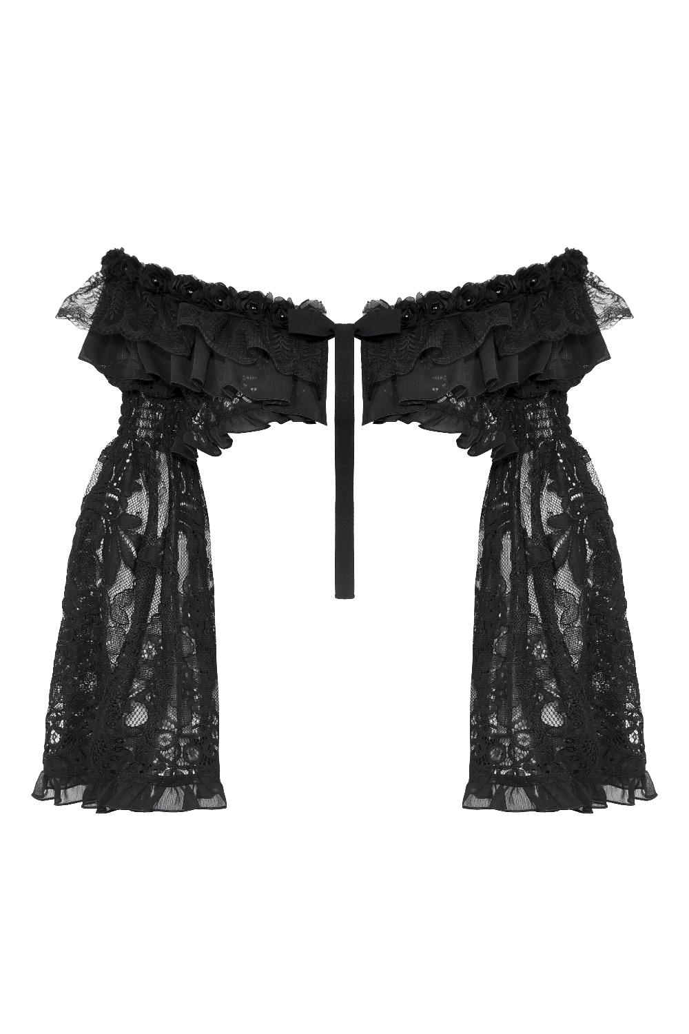 Elegant black lace gothic off-shoulder cape with dramatic bell sleeves and ruffle accents. Perfect for alternative fashion.