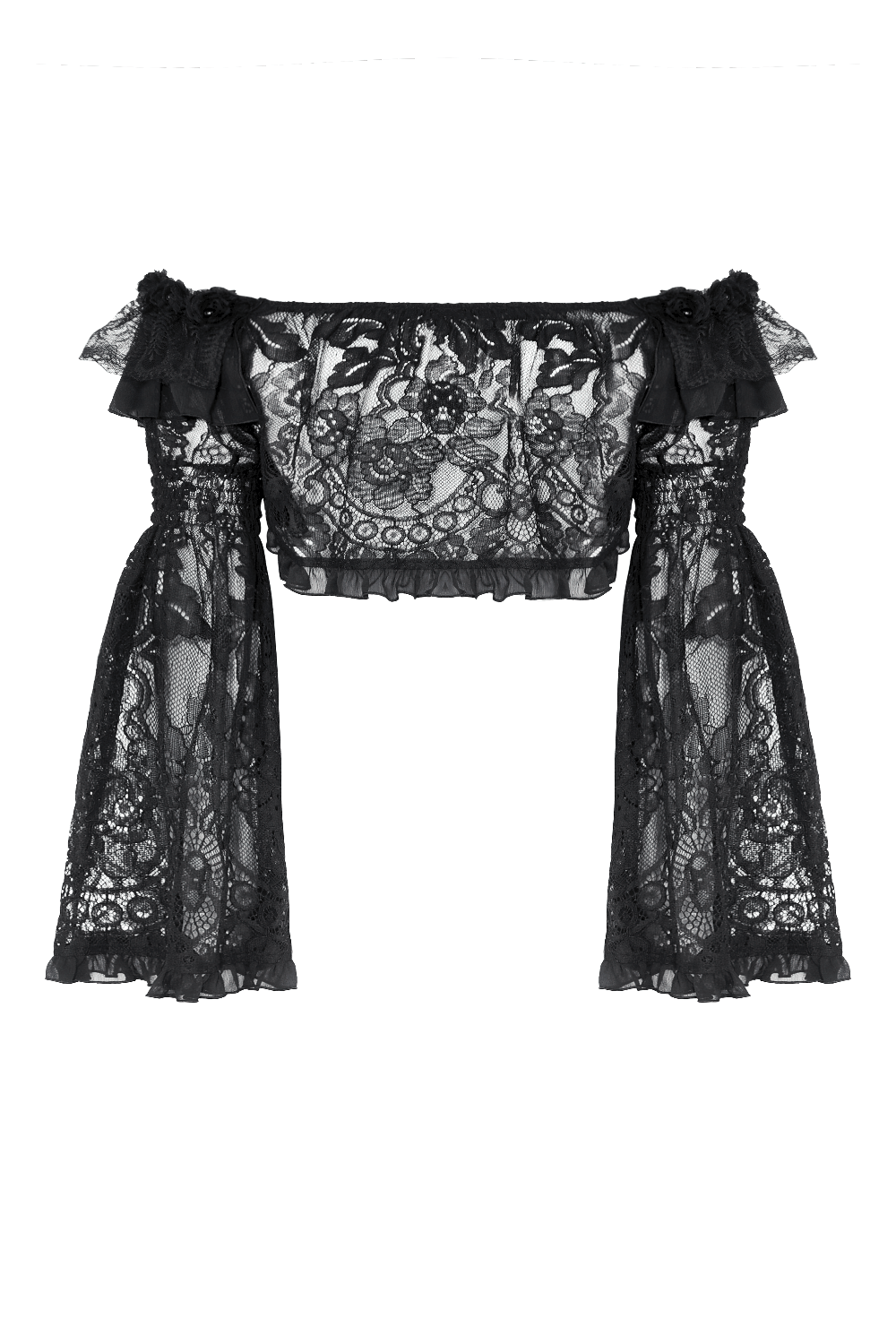 Elegant black lace off-shoulder cape with flared sleeves and floral patterns, perfect for gothic fashion lovers.